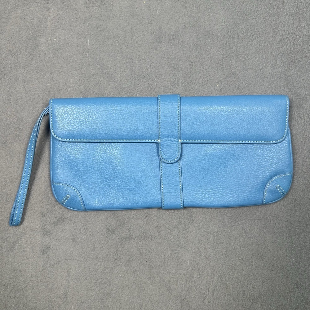 Ann Taylor LOFT BLUE GENUINE LEATHER FLAP STITCHED WRISTLET CLUTCH HANDBAG